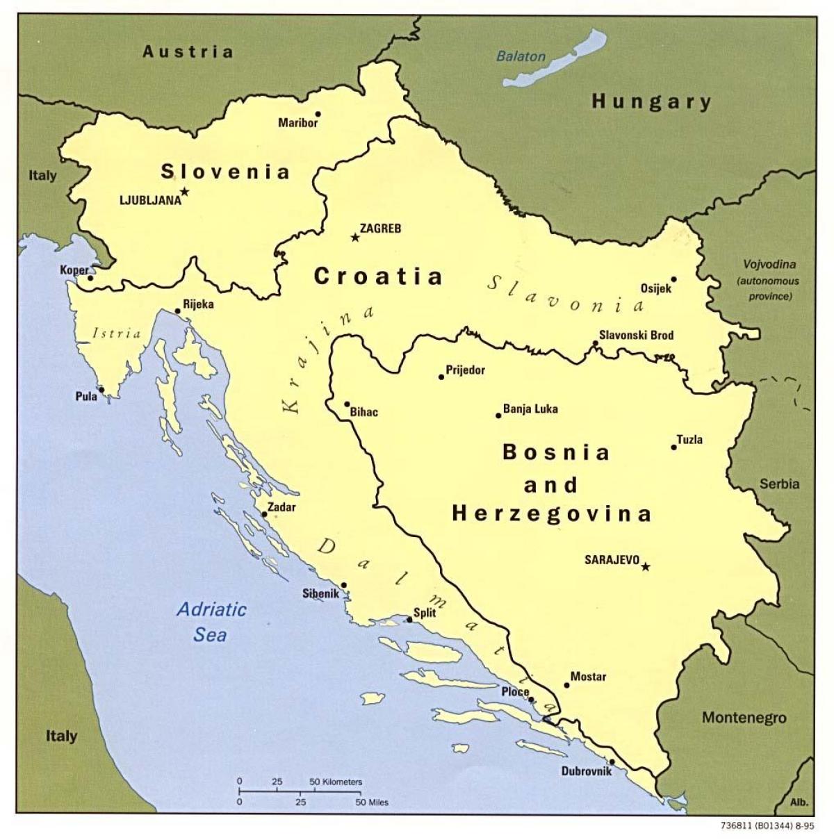kart over Bosnia og Hercegovina og omkringliggende land