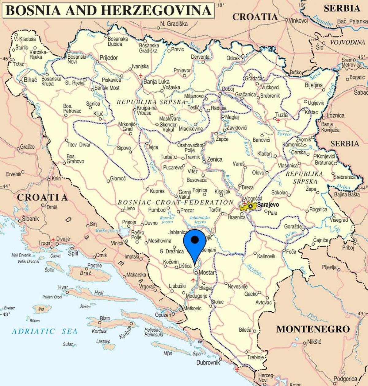 kart av mostar i Bosnia-Hercegovina
